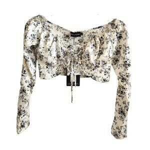 Pretty Little Thing White Ditsy Floral Lace up Cup Bardot Crop Top size 0